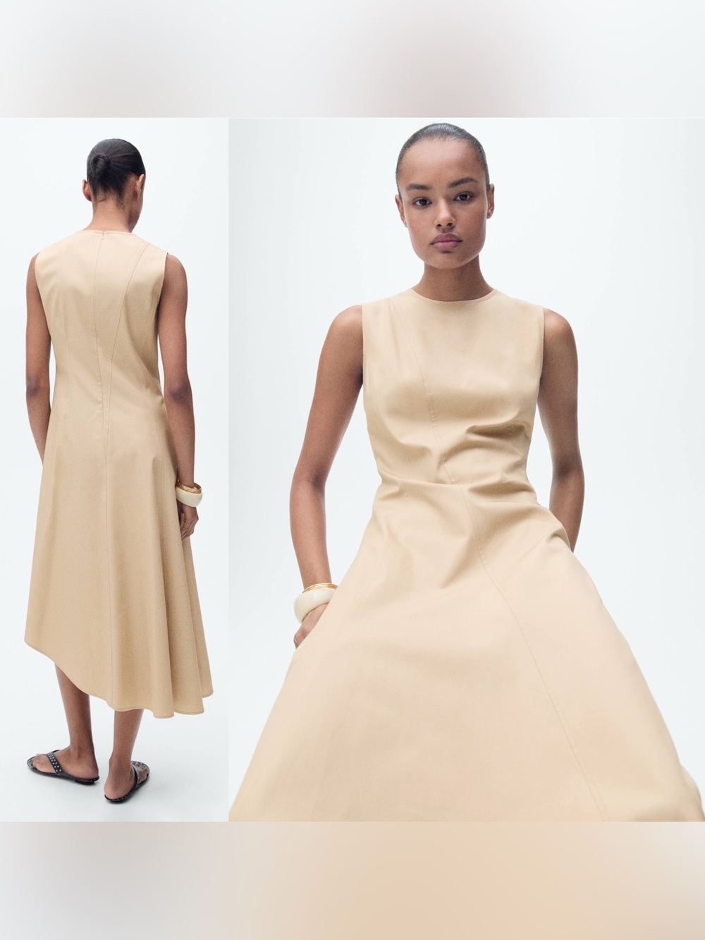 Mango Asymmetrical Flared Dress Ecru Cotton Lyocell Midi Size 4 NWT - Picture 3 of 16
